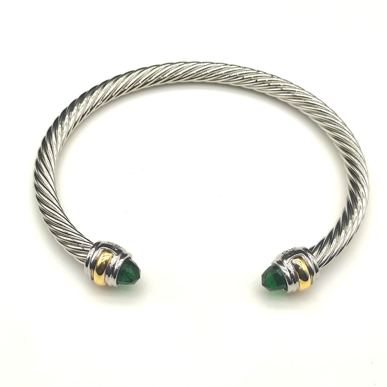 David Yurman Silver Cable Wire Bangle with Emerald Beads